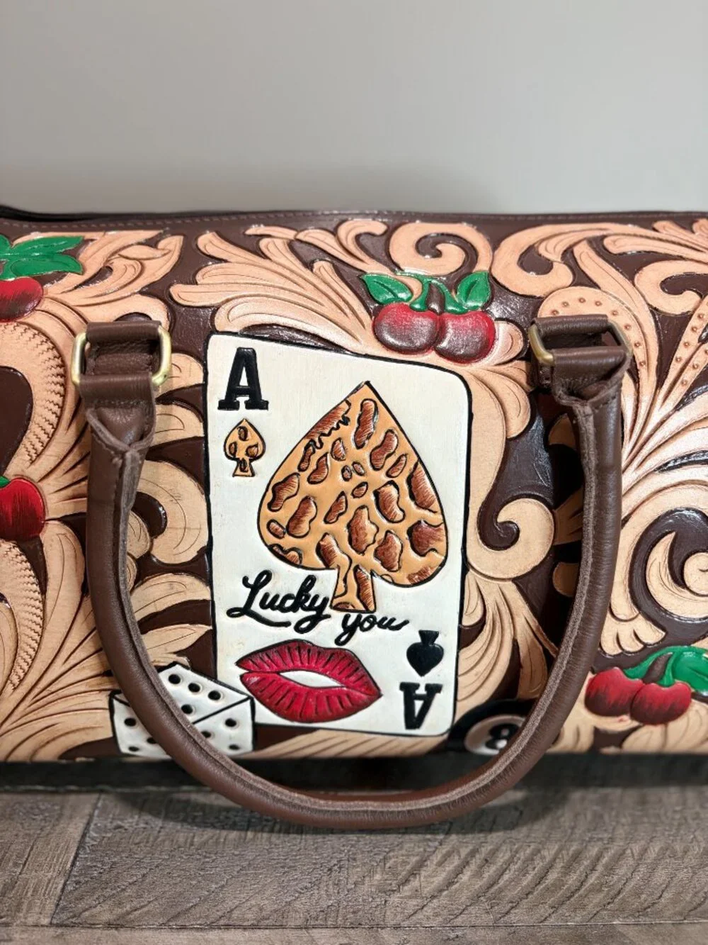 Hand Painted Tooled Leather Satchel Western Lucky You Barrel Bag Large Brown